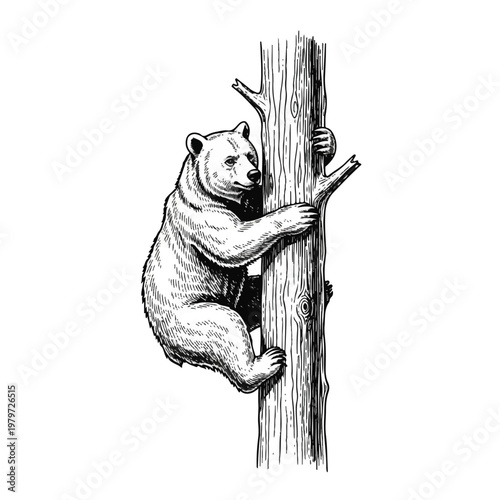 A polar bear climbing a tree.
