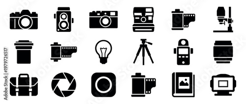 Comprehensive collection of black photography equipment icons, including various cameras, film rolls, and accessories, presented in a clean, modern style