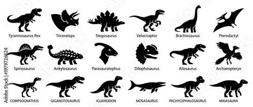 Collection of various black dinosaur silhouettes with their names displayed underneath each prehistoric creature