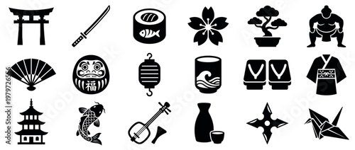 Collection of black Japanese cultural icons and traditional symbols, including a torii gate, katana, sushi, and cherry blossom