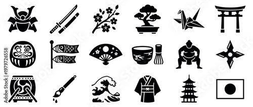 Collection of black Japanese cultural icons and symbols, including a samurai helmet, katana, cherry blossom, and torii gate
