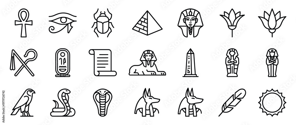 Naklejka premium Comprehensive collection of twenty ancient Egyptian symbols and artifacts depicted as simple black outline icons