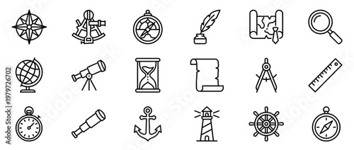 Collection of navigation and exploration themed line icons, including compasses, maps, telescopes, and nautical symbols, presented in a clean, modern style