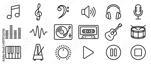 Collection of various music and audio related line icons, including notes, instruments, and playback controls, presented in a clean, minimalist style