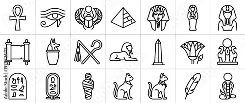 Various ancient Egyptian symbols and artifacts are depicted in a clean, minimalist line art style, showcasing historical culture