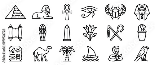 Collection of various outline icons representing ancient Egyptian culture, including pyramids, sphinx, ankh, and other historical symbols, presented in a clean, minimalist style