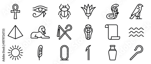Collection of black outline ancient Egyptian symbols and hieroglyphs, including an ankh, Eye of Horus, scarab, and pyramid