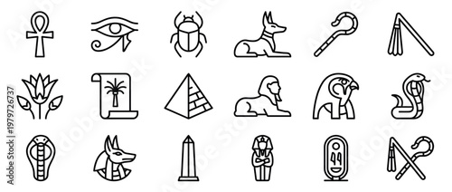 Collection of various ancient Egyptian outline icons, including the ankh, Eye of Horus, scarab, and pyramid, presented in a clean, minimalist style