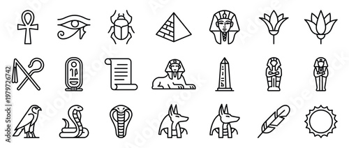 Comprehensive collection of twenty ancient Egyptian symbols and artifacts depicted as simple black outline icons