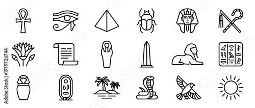 This collection of black outline Egyptian icons features various symbols including an ankh, Eye of Horus, pyramid, scarab, pharaoh, and hieroglyphs