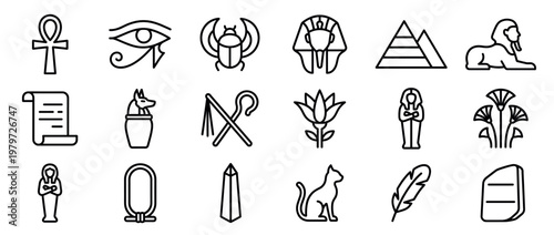 Comprehensive collection of black outline Egyptian symbols and ancient cultural icons arranged neatly on a clean white surface