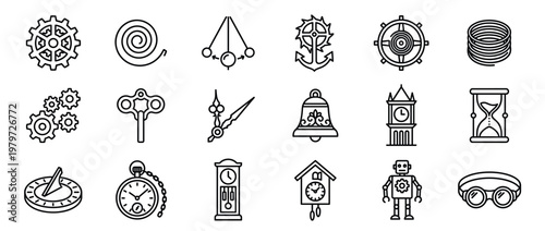 Collection of various outline icons representing steampunk elements, timekeeping devices, and mechanical components, presented with clear lines