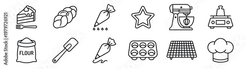 Collection of black outline baking icons including cake, bread, mixer, and chef hat, presented in a clean, simple style