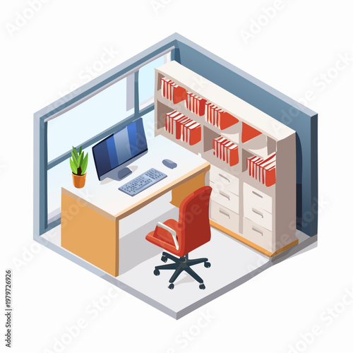 Modern Home Office with Computer, Red Chair and Bookshelf