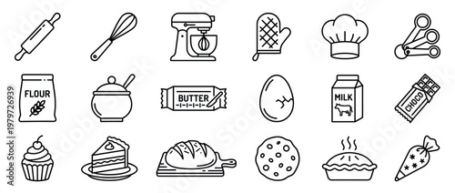 Collection of baking ingredients and tools, including flour, butter, eggs, milk, chocolate, and various utensils, presented as simple line art icons