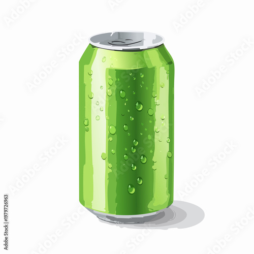 Refreshing Green Beverage Can Covered in Water Droplets, Isolated on White