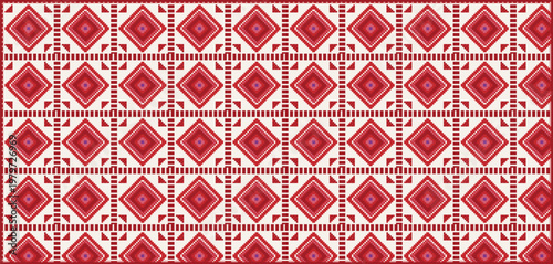 Red Geometric Pixel Pattern, Seamless Ethnic Tribal Design with Diamonds and Squares, Bohemian Mosaic Textile in Crimson and Beige