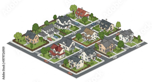 Isometric View of a Suburban Neighborhood with Houses and Streets.