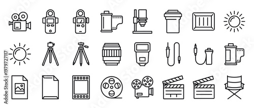Comprehensive collection of photography and videography line icons, including cameras, lenses, tripods, and film equipment, presented in a clean, modern style