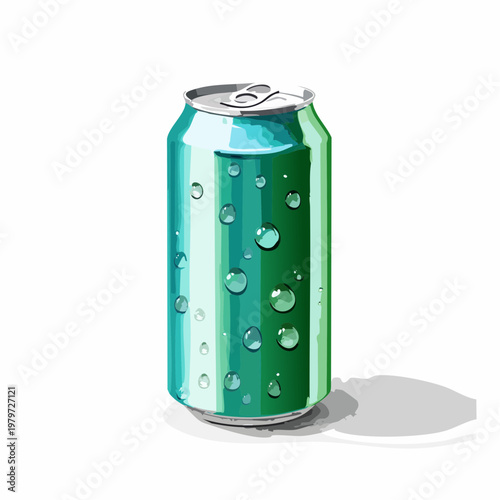 Refreshing cold beverage in a metallic can with water droplets on white background