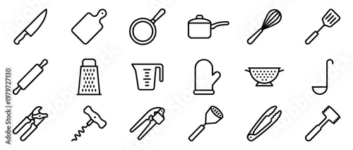 Various black outline kitchen utensils and cooking tools are neatly arranged in a grid pattern, showcasing essential culinary equipment