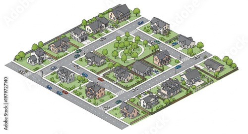 Isometric view of a suburban neighborhood with houses and streets.