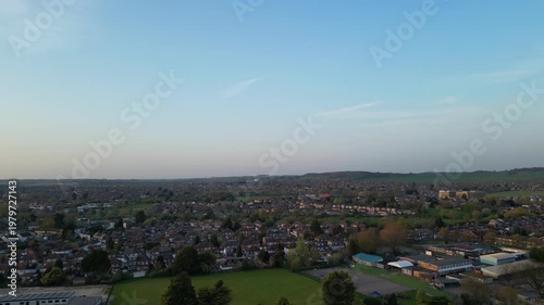 Urban Drone Flight Above Streets of British City and Town of England Great Britain. Drone Mounted Wide Angle Camera Footage Was Captured During Cold Day of 8th April, 2026. 