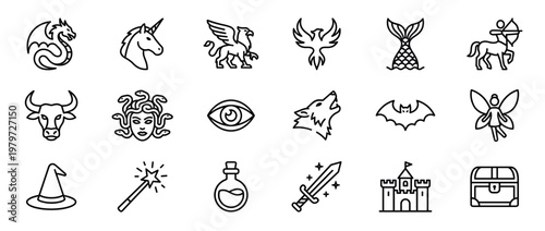 Collection of various fantasy and mythical creature outline icons, including a dragon, unicorn, griffin, phoenix, and mermaid