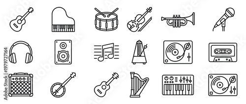 Comprehensive collection of various musical instruments and audio equipment presented as simple black outline icons