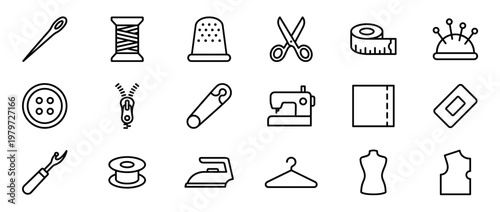 Comprehensive collection of sewing and tailoring tools is presented as a set of simple black outline icons