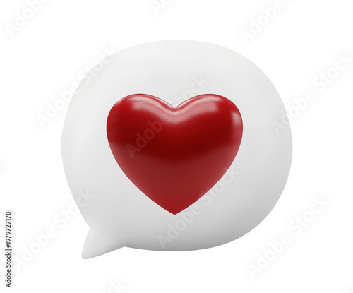 Minimalist 3D white speech bubble with a red heart icon, isolated on a white background. Realistic glossy render for social media 