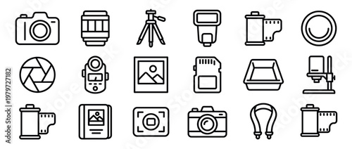 Collection of black outline photography icons, including cameras, lenses, film rolls, and other photo equipment, presented in a clean, modern style