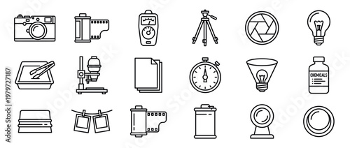 Comprehensive collection of photography equipment and darkroom processing tools depicted as simple black outline icons