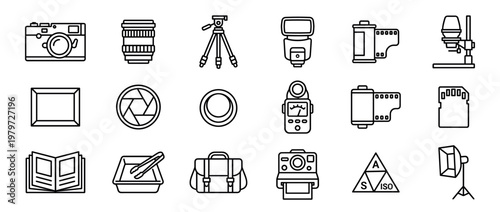 Comprehensive collection of photography equipment icons, including cameras, lenses, tripods, flashes, and darkroom tools, rendered in a clean outline style