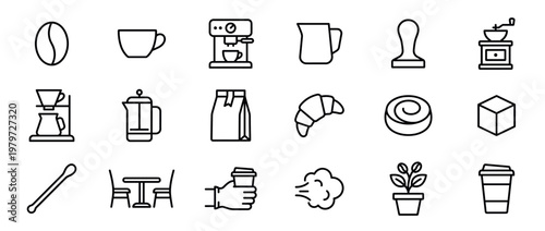 Comprehensive collection of black outline icons representing various coffee-related items and cafe elements, presented in a clean, minimalist style