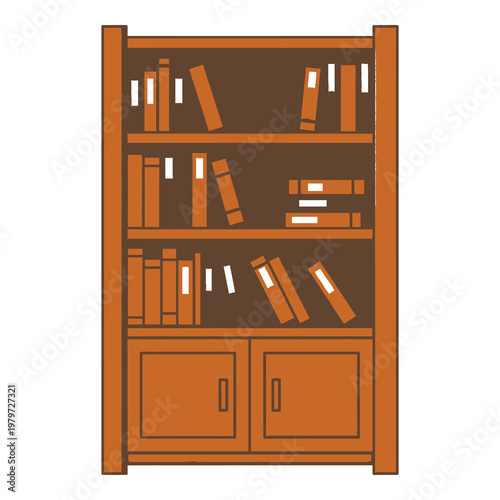 Brown wooden bookcase with books on shelves and closed cabinet icon