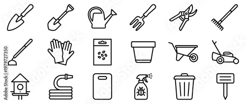 Comprehensive collection of gardening tools and equipment icons, presented in a clean, minimalist outline style for various design needs