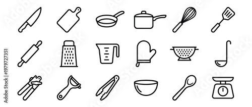 Various black outline kitchen utensils and cooking tools are neatly arranged in a clean, graphic style on a white surface