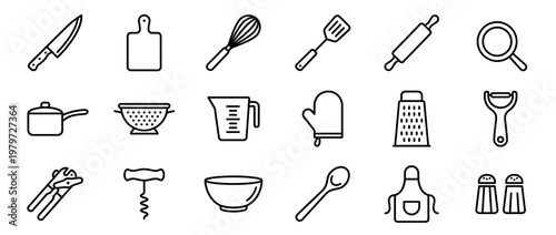 Collection of various kitchen utensils and cooking tools presented as simple black outline icons on a clean white surface