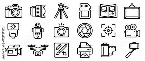 Comprehensive collection of photography and videography line icons, including cameras, lenses, tripods, flashes, and other essential equipment