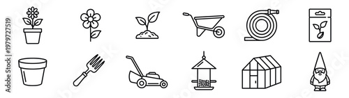 Collection of black outline gardening icons including a flowerpot, seedling, wheelbarrow, and garden gnome, presented in a clean, minimalist style