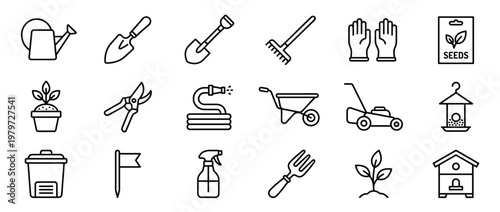 Collection of various gardening tools and supplies, including a watering can, shovel, rake, gloves, and seeds, depicted as simple black outline icons
