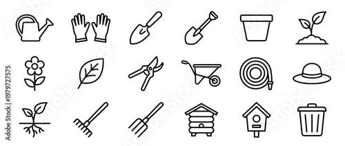 Comprehensive collection of twenty black outline gardening icons, including tools, plants, and garden accessories, presented in a clean, minimalist style