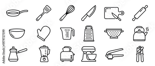 Various black outline kitchen utensils and appliances, including a pan, spatula, whisk, knife, and cutting board, are neatly arranged in a grid pattern
