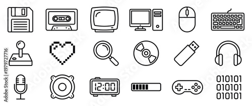 Various black outline retro technology and gaming icons are neatly arranged in rows, featuring classic digital devices and entertainment symbols