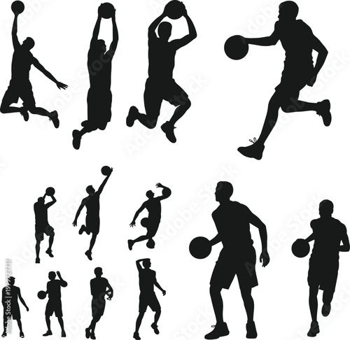 Basketball player silhouettes, dribbling shooting dunking poses, athletic movement illustration, sports action icons, black isolated design, dynamic motion figures collection