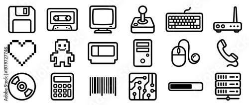 Collection of black outline retro technology and digital icons, including a floppy disk, cassette, and computer