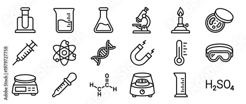 Comprehensive collection of black outline science and laboratory icons representing various tools, concepts, and equipment used in research and experiments