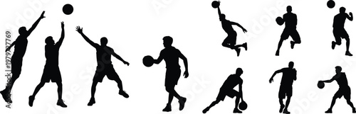 Basketball silhouettes collection, players dribbling shooting dunking passing, athletic sports action poses, dynamic movement illustration, black isolated design, competitive game icons