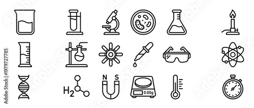 Collection of various science and laboratory equipment icons in a clean, simple line art style